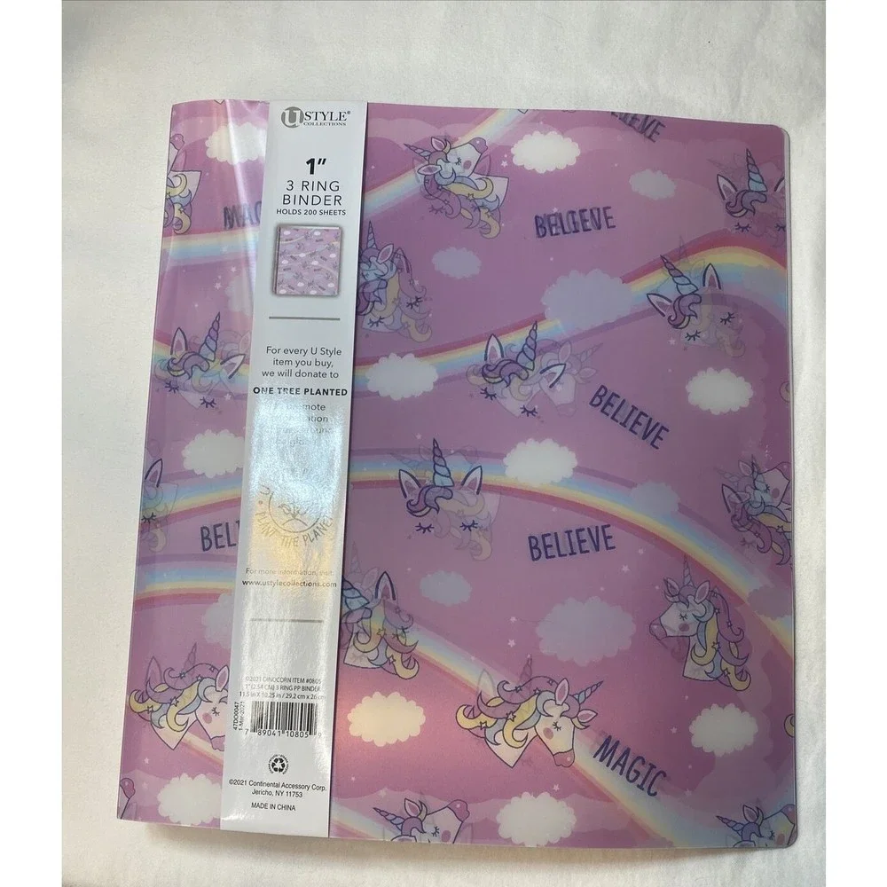 U Style Collection 1.in 3 Ring Pink Binder Hologram Unicorns 